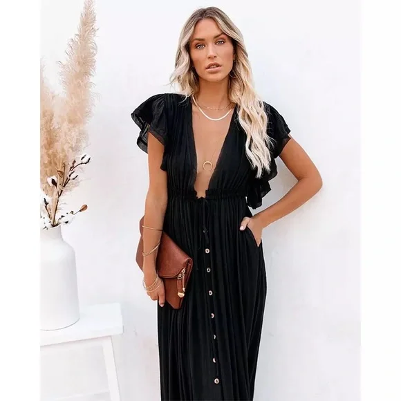 SOLD OUT Black Gauze Boho Raw Hem Button Maxi Dress - Picture 6 of 8